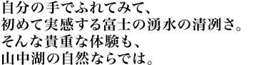 自分の手でふれてみて、初めて実感する富士の湧水の清冽さ。そんな貴重な体験も、山中湖の自然ならでは。