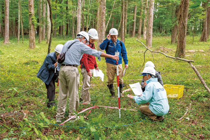 調査地点を特定し、範囲を設定する。撮影、種の同定、計測、記録。植生調査は根気の要る協働作業だ。