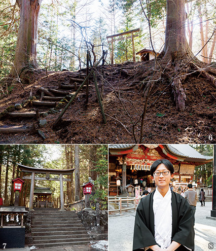 6.人気のパワースポット「大塚丘」は浅間神社の由緒を知るためにもぜひ見ておきたい。7.富士登山道吉田口、奥に祖霊社。8.権禰宜の高阪雄次さん。