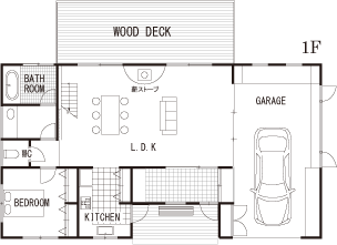 plan A 2LDK＋ビルトインガレージ（１台）＋ウッドデッキ＋薪ストーブ