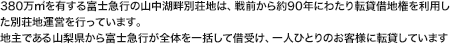 380万m<sup>2</sup>を有する富士急行の山中湖畔別荘地は、戦前から約90年にわたり転貸借地権を利用した別荘地運営を行っています。地主である山梨県から富士急行が全体を一括して借受け、一人ひとりのお客様に転貸しています。